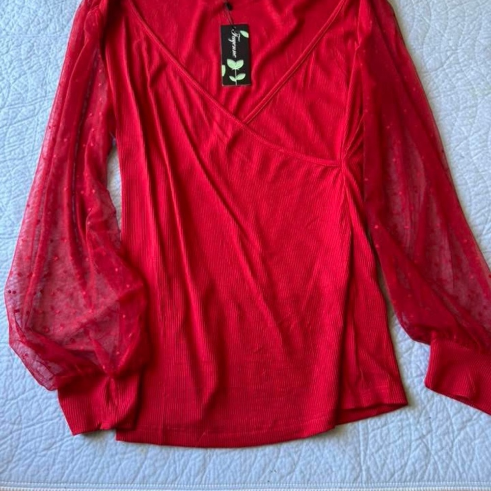 Source Unknown Red V-Neck Top with Sheer Polka-Dot Puff Sleeves